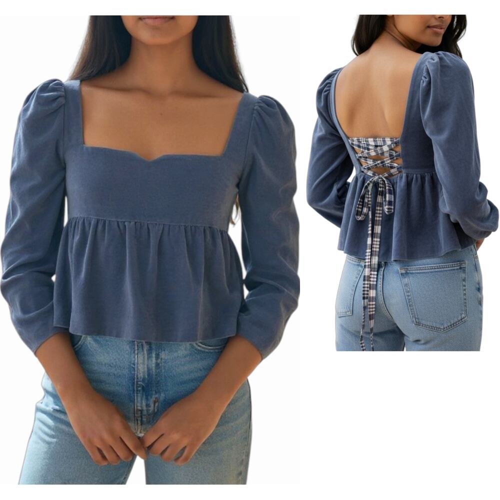 ALIX OF BOHEMIA Serena Sapphire blue peplum velvet puff sleeve crop top XS NEW